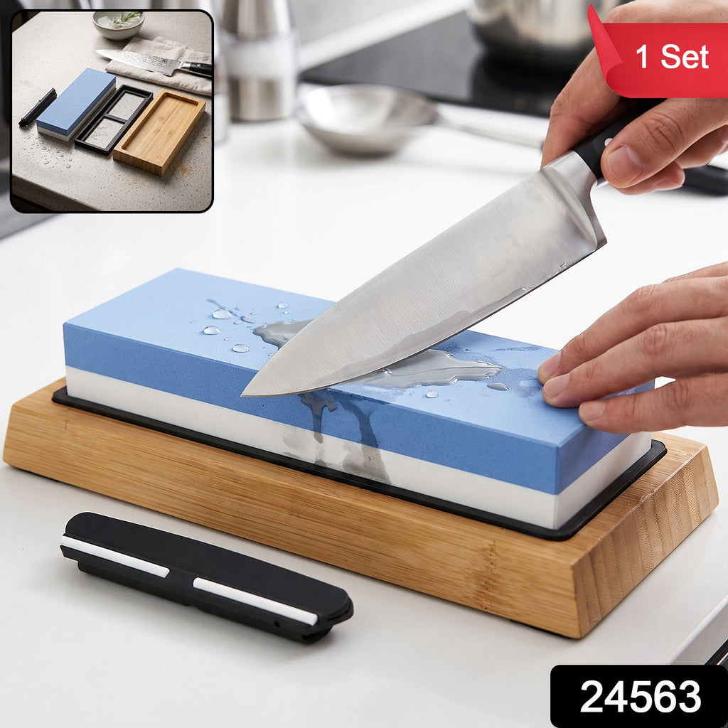 Double Sided Knife Sharpening Whetstone Set With Bamboo Base And Guide (1 Set)